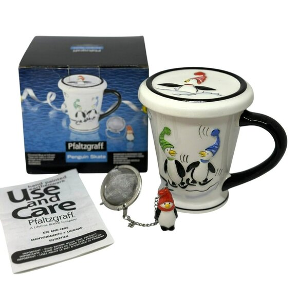 VTG Pfaltzgraff 2007 Penguin Skate Covered Mug 3.25" Infuser Coffee Tea Cup NOS - Picture 1 of 10